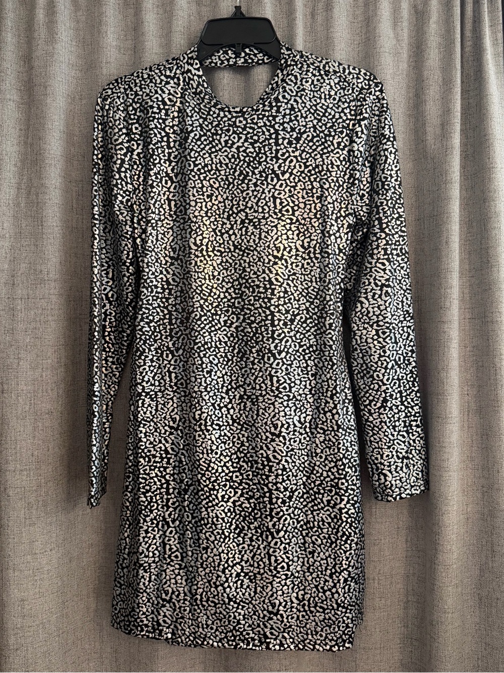 Long Sleeve Black and Silver Metallic Animal Print Dress